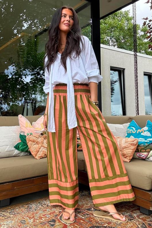 Bloc Stripe Wide Leg Pant Olive & Soft Terracotta